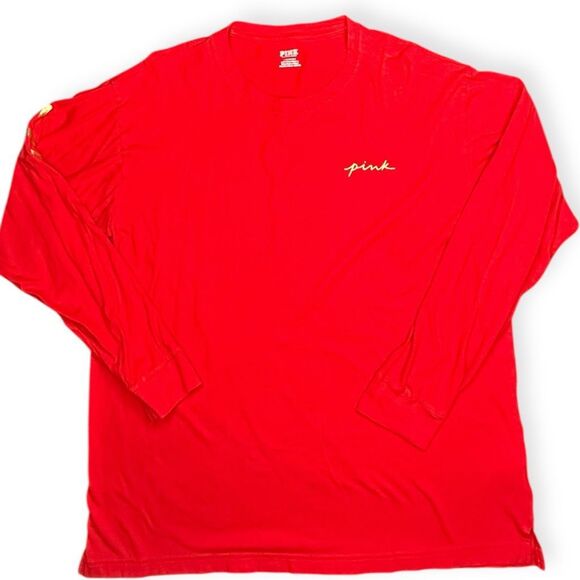 PINK VICTORIA’S SECRET Women’s Red Long Sleeve Logo T-Shirt Size Large - Picture 1 of 5